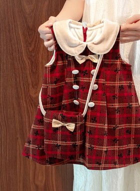 女童秋冬款连衣裙2025新款女宝宝加绒红色格子小香风周岁裙礼服裙