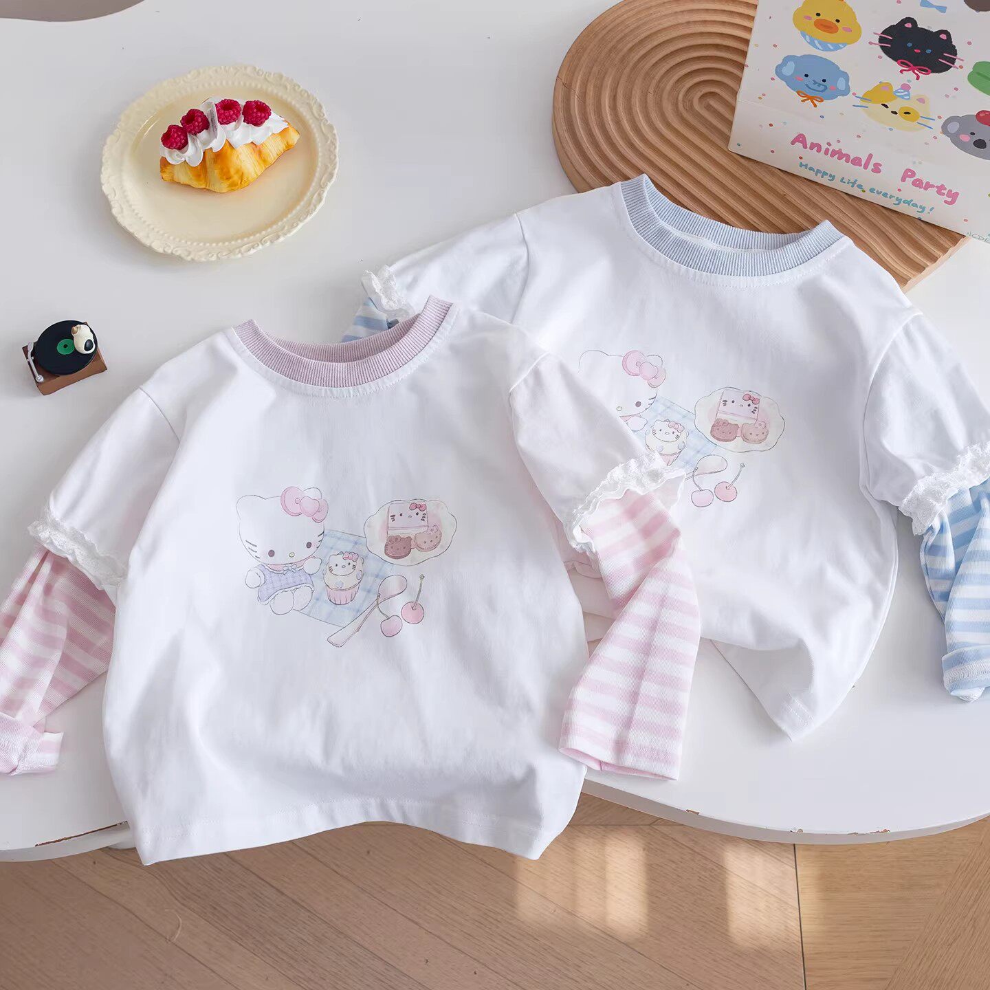 女童春季棉T2026条纹拼接袖女宝宝KT猫咪印花长袖T恤衫上衣