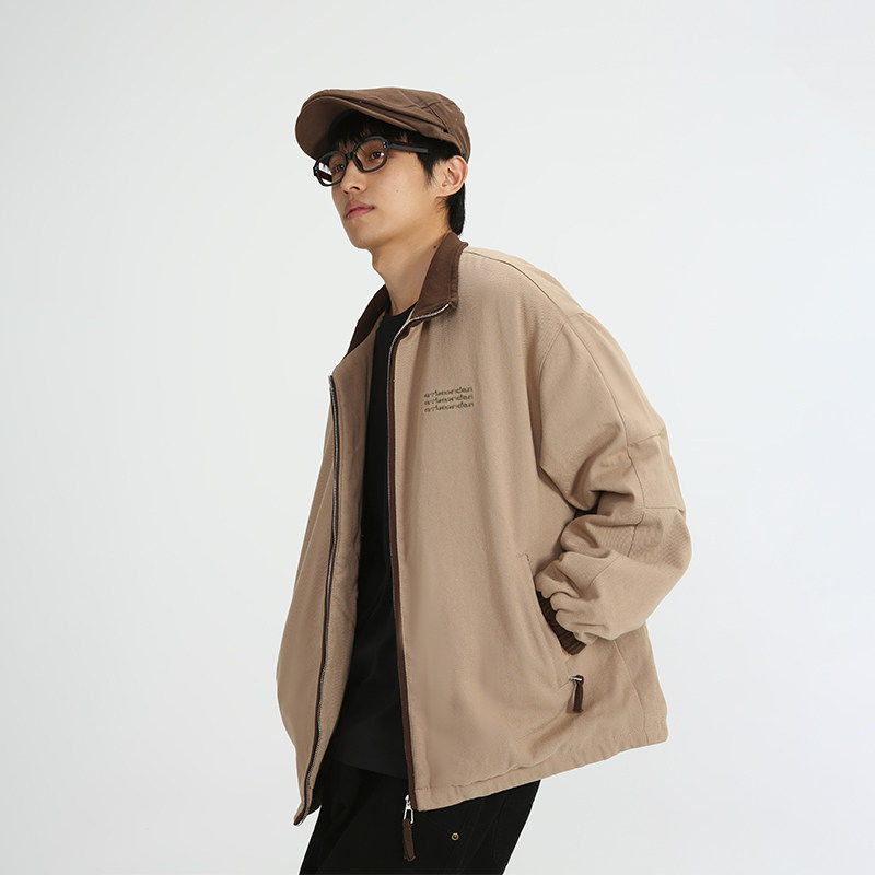 south life冬季日系复古撞色翻领刺绣棉衣潮流休闲宽松棉服外套男