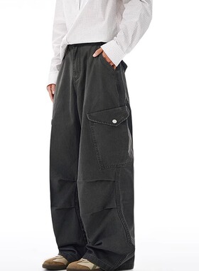 south life日系百搭水洗全棉伞兵工装裤男女潮牌慵懒风阔腿拖地裤