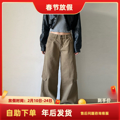 south life日系复古斜纹棉洗褪斜袋盖工装裤男女baggy休闲裤直筒