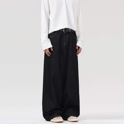 south life美式复古丹尼原色牛仔裤男女宽松情侣直筒拖地长裤