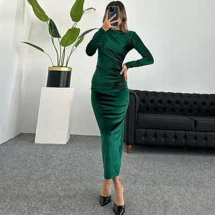 欧美秋冬时尚通勤OL纯色修身显瘦丝绒长袖洋装礼服长裙女DRESS