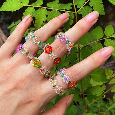 Creative new elastic bead flower ring female rings戒指设计感