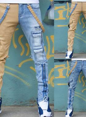 Mens jeans 2021 high street straight overalls denim trousers