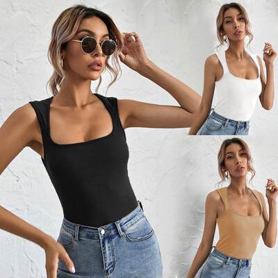 2023 new U-neck slim T-shirt solid color vest jacket female