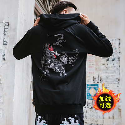 纯棉连帽国潮刺绣秋冬加绒卫衣男