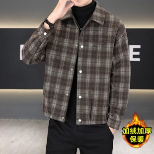 格纹外套男款冬季加绒加厚保暖时尚休闲翻领毛呢夹克修身帅气冬装