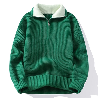 绿色毛衣男款冬季半拉链高领打底衫潮流高级感高档不起球毛线衣厚