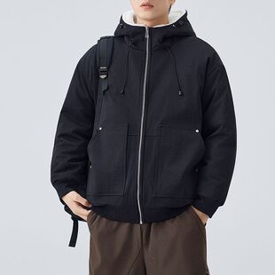 男士柔软保暖棉服短款连帽羊剪绒加绒加厚冬季外套宽松潮流棉衣黑