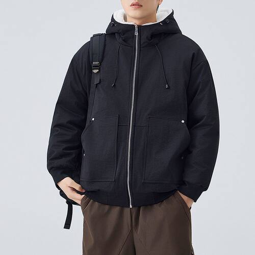 男士柔软保暖棉服短款连帽羊剪绒加绒加厚冬季外套宽松潮流棉衣黑