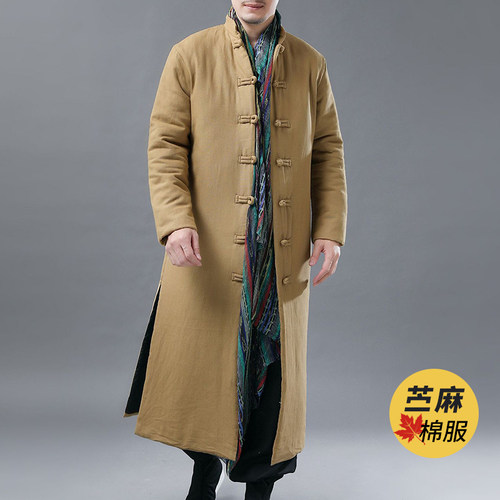 男士中国风棉袄长款过膝冬季苎麻外套中式立领盘扣复古民族风棉衣