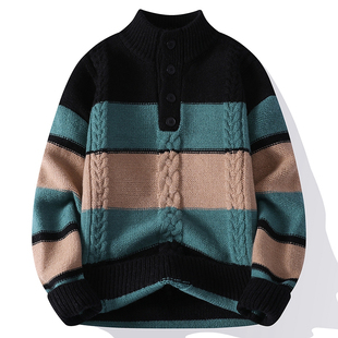 半高领毛衣男款爆款2025新款时尚彩色条纹拼色针织衫青少年毛线衣