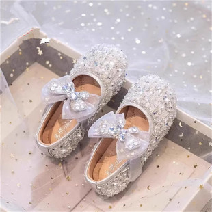 中大童小香风闪亮小女孩公主鞋 软底真皮女童水晶鞋 2025年春秋新款