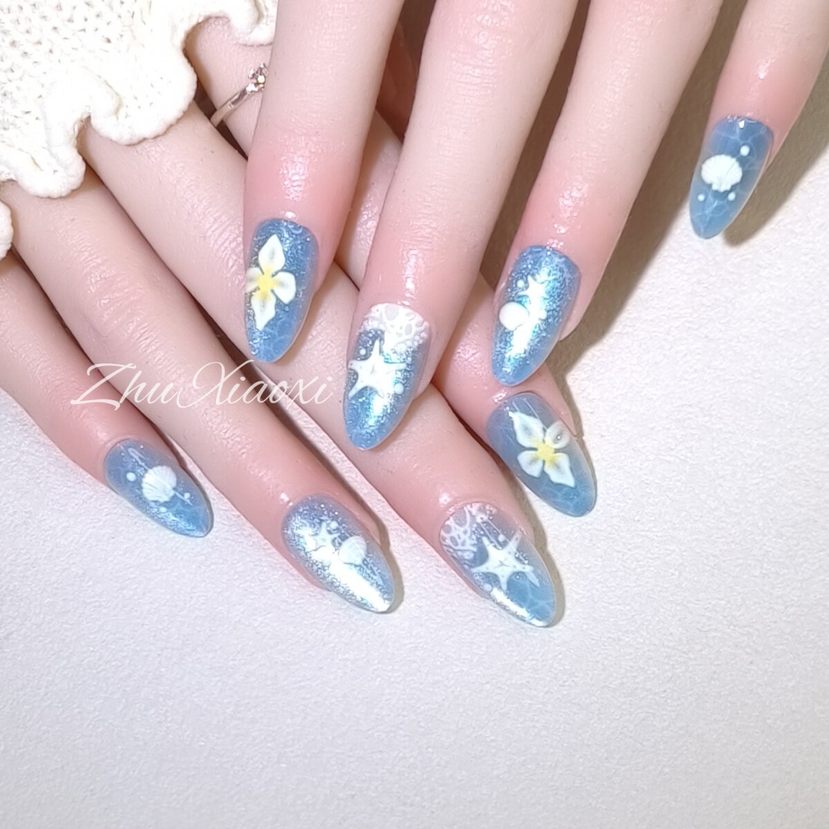 海洋传说】夏日穿戴甲ins蓝色大海渐变星空猫眼玻璃珠美甲贴氛围