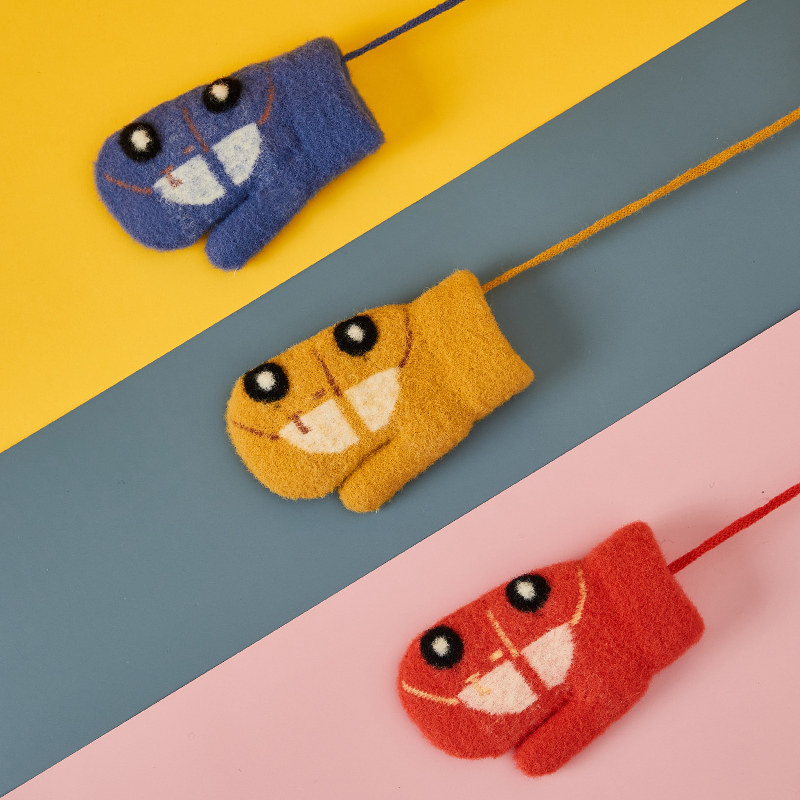 包指儿童毛线手套冬季男孩可爱小汽车女童加绒加厚保暖防寒挂脖子