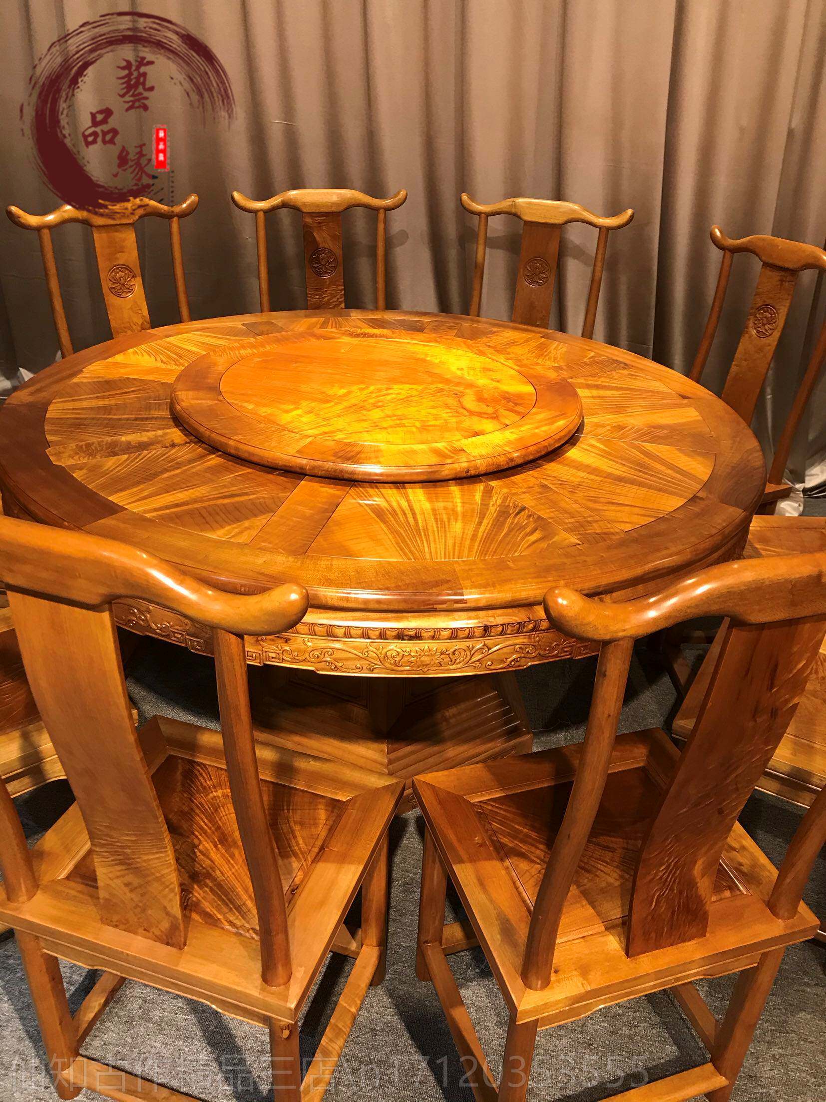 金丝楠木小叶桢楠明式满水波圆餐桌吃饭桌餐厅桌官帽椅红木实家具