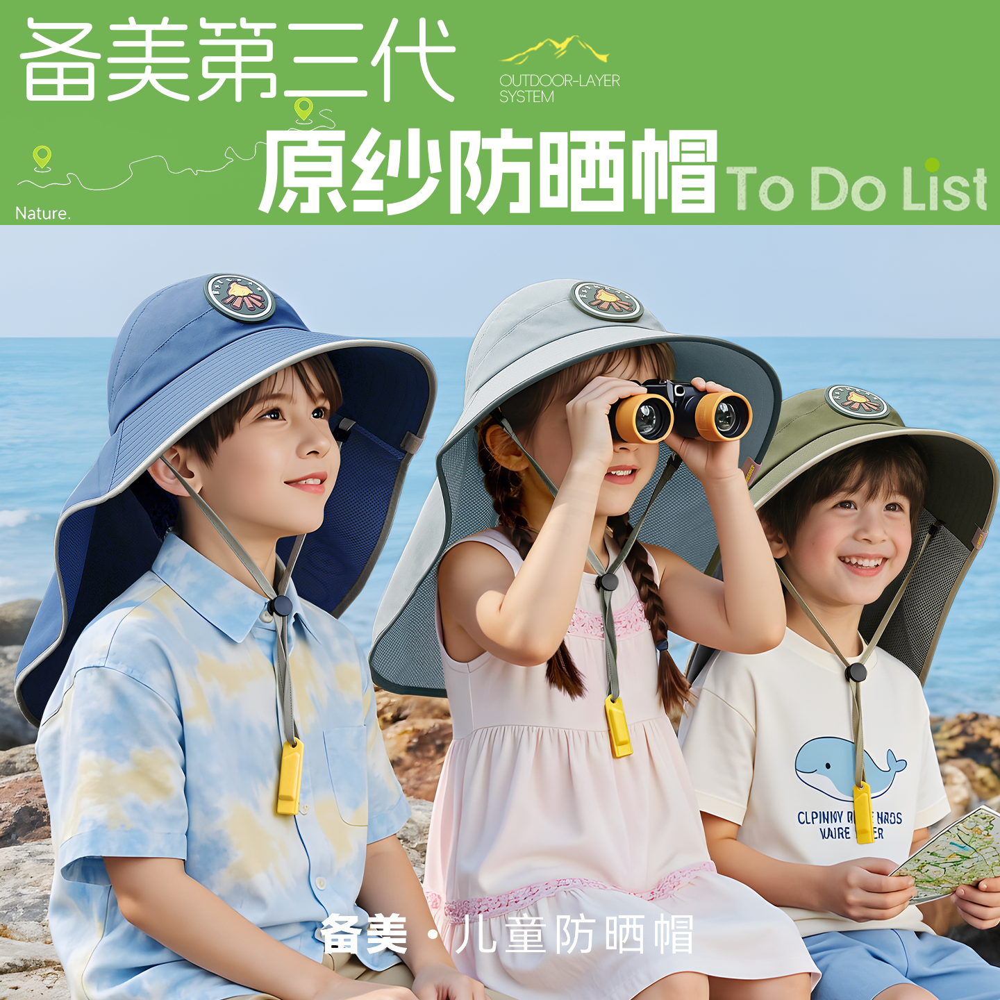 备美儿童防晒帽夏季防紫外线男童遮阳帽宝宝太阳帽女童大披肩空顶