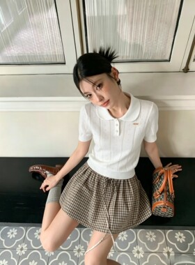 2026夏季新款学院风简约polo领修身T恤上衣女ins夏格子裙两件套