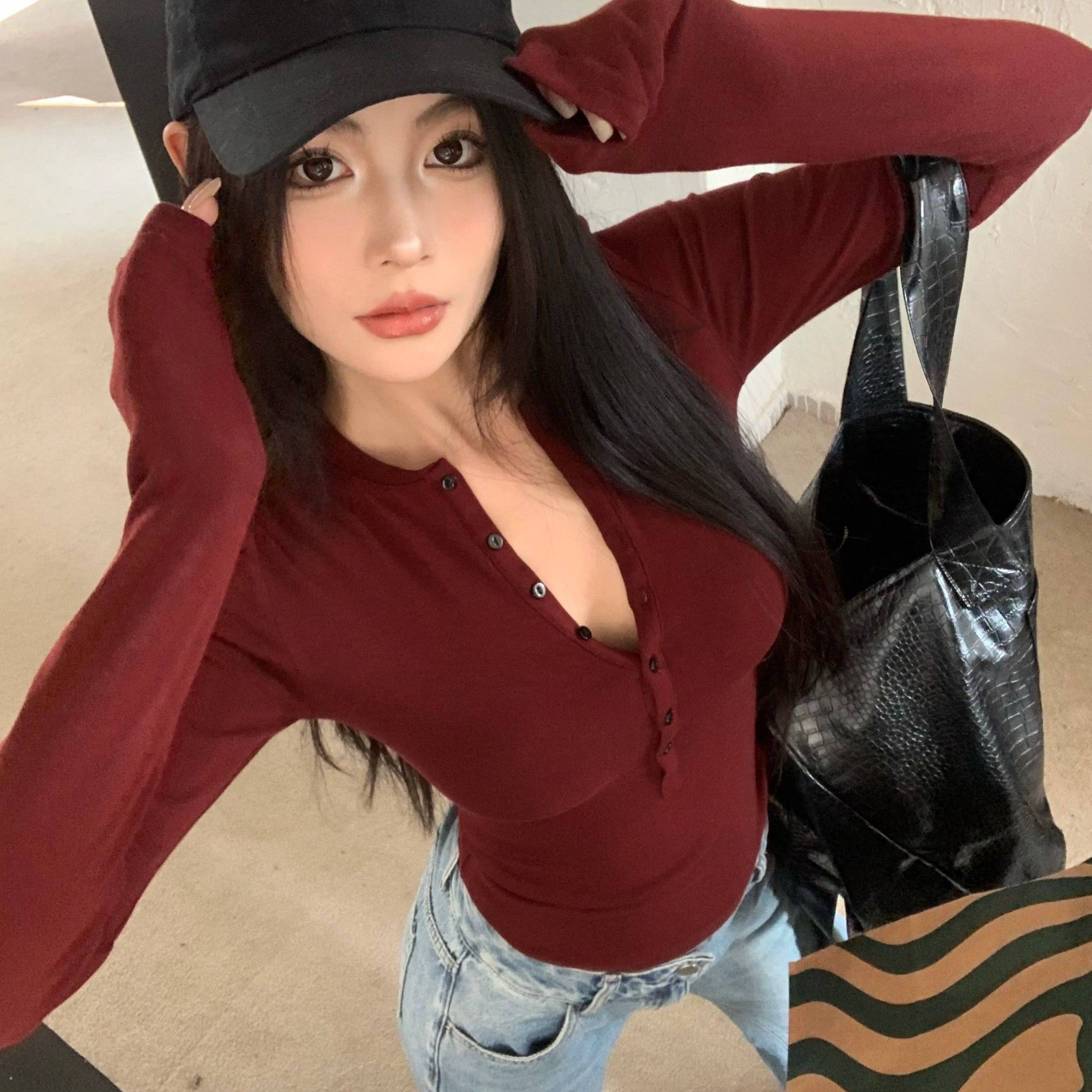 美式辣妹v领长袖修身T恤女打底衫