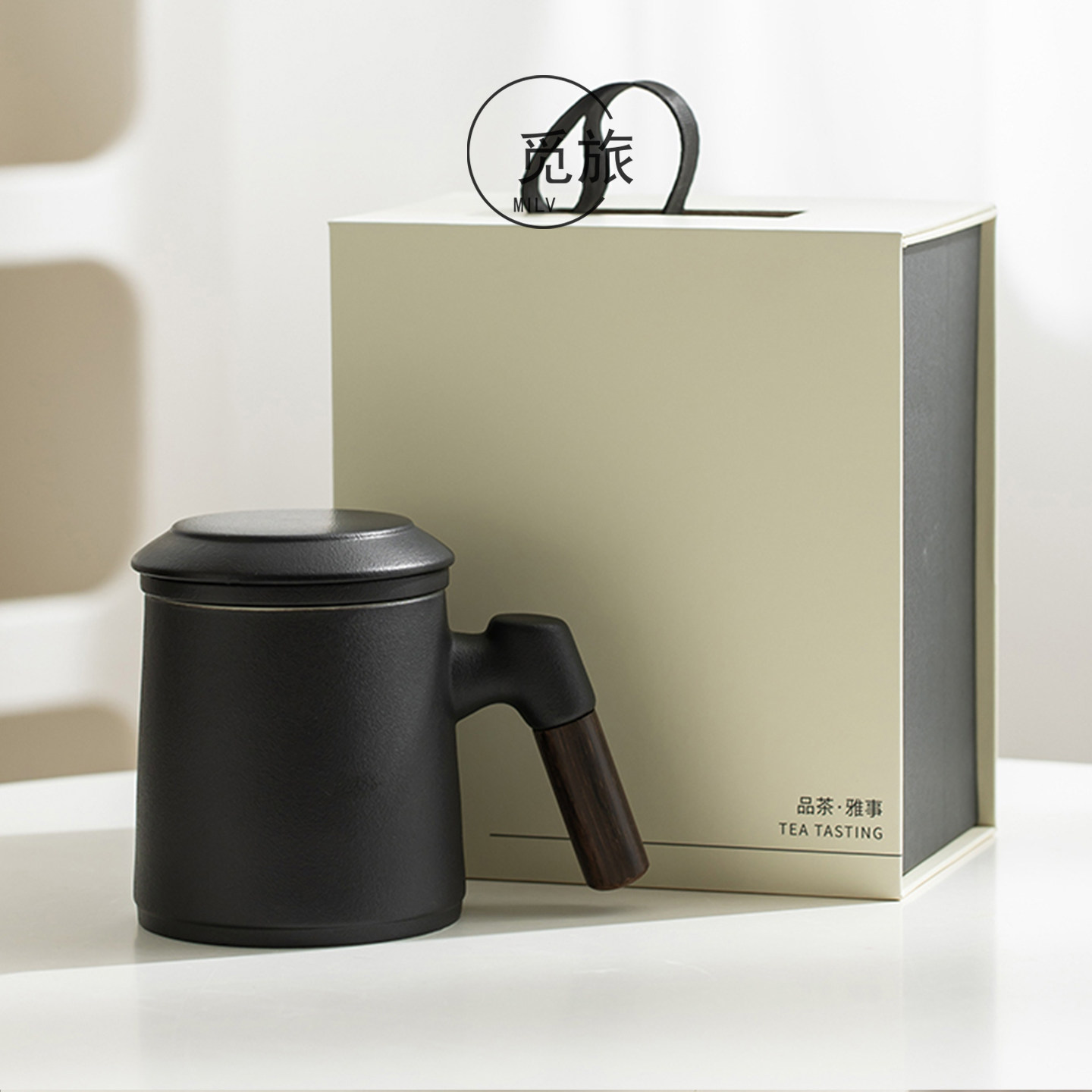 简约茶杯个人专用高档办公杯带手柄陶瓷水杯马克杯茶水分离大容量
