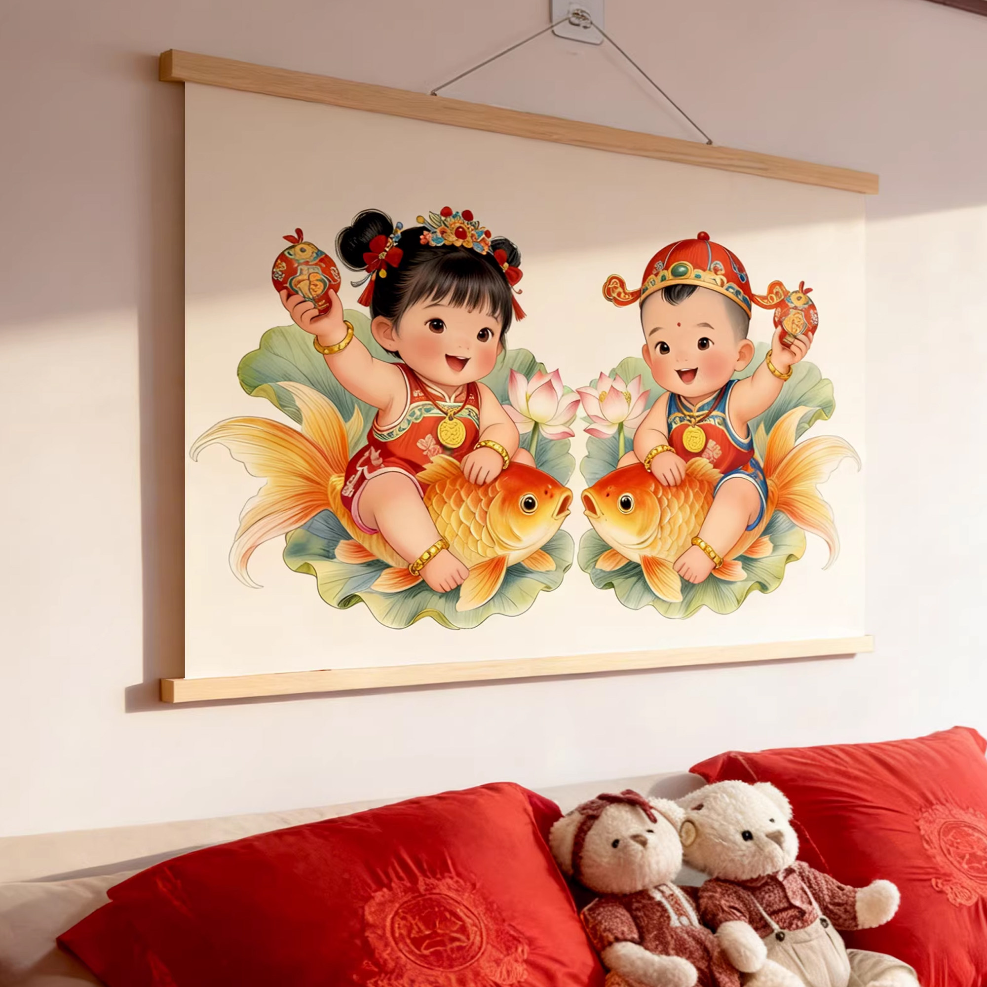 年画娃娃送子图卧室床头宝宝画龙凤胎年画挂画备孕贴画墙贴贴纸qt图片