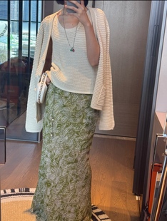 sage 浮游绿水墨晕染腰果花长裙 印花修身半身裙