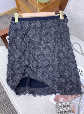 ECHOADE时髦精致 剪花流苏工艺 格纹肌理视觉层次感松紧腰半身裙