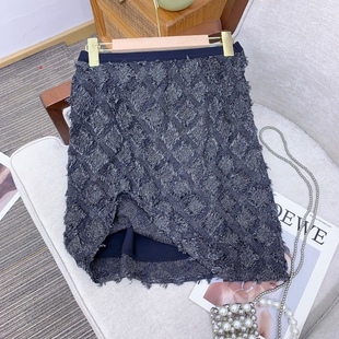 ECHOADE时髦精致 剪花流苏工艺 格纹肌理视觉层次感松紧腰半身裙