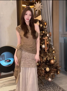cello 慎婕同框 2025春夏新款苎麻露肩斜肩飘带无袖背心女款上衣
