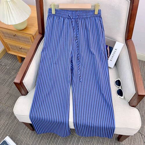 OWISH 每天想穿的好裤子 巨显瘦 定纺60s高密全棉条纹休闲九分裤