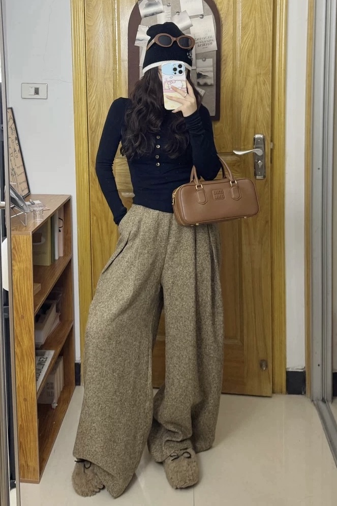 三吉【寻野】阔腿裤子女秋冬新款休闲毛呢裤宽松bf慵懒风