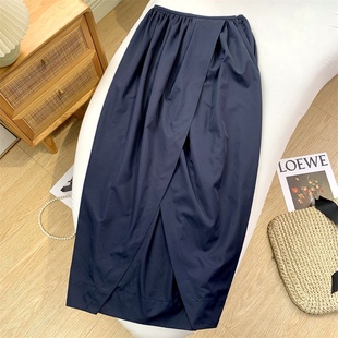 RR定制 sage 色织双面记忆面料 藏青色郁金香型花苞半身裙