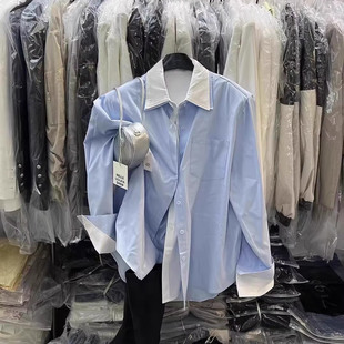 长袖 韩国东大门2025春季 女时尚 蓝色高级感气质假两件衬衫 上衣 新款