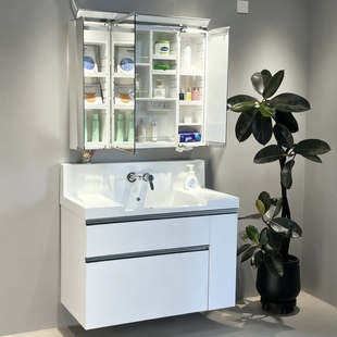日式树脂多折叠一体镜柜人造石高背一体盆多层实木浴室柜洗手台