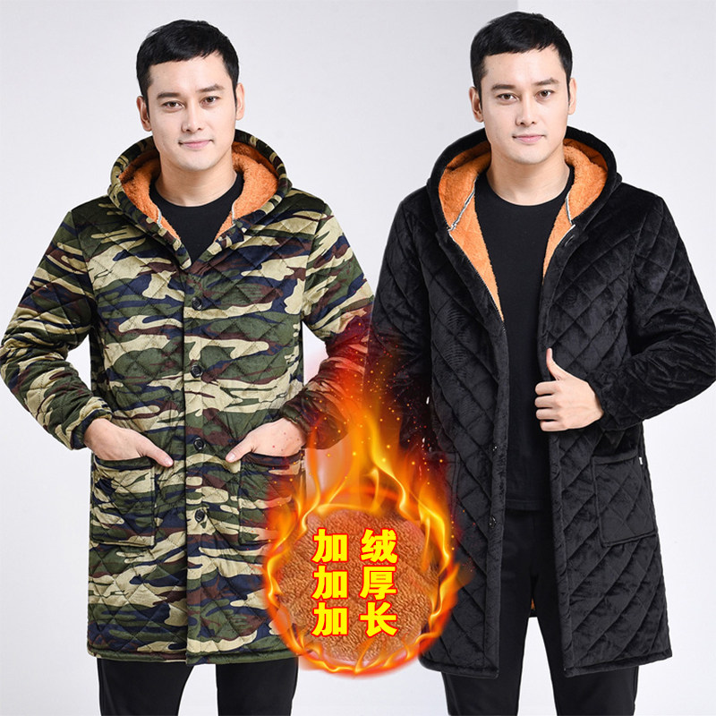 迷彩冬季棉服加绒加厚中长款男士保暖外套棉罩衣大码工装劳保棉衣