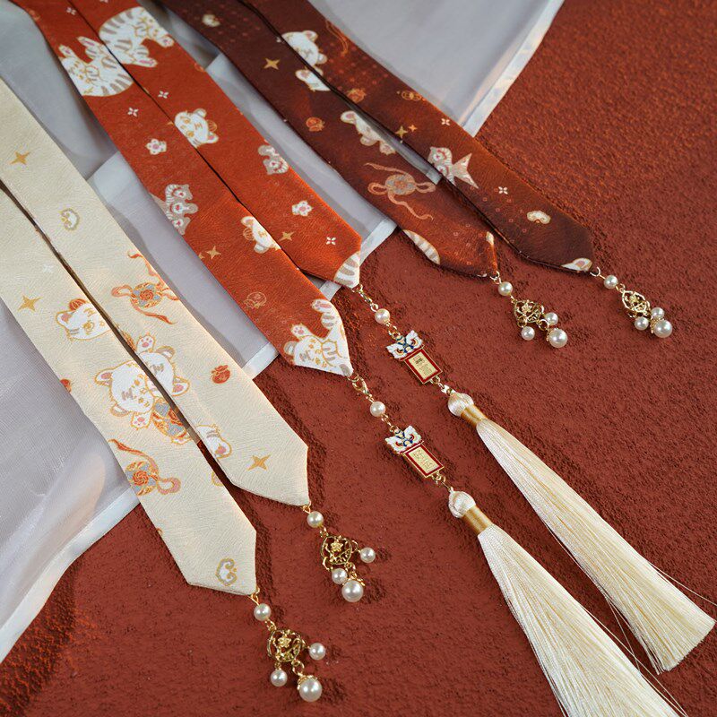 云深雾浅 年兽 原创老虎印花汉服流苏发带腰带绑带古风发绳头饰发