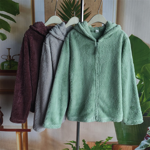 荷兰家舒适连帽羊羔绒开衫女宽松保暖毛绒外套质感好多色