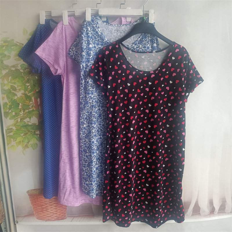 欧美新品 夏季高棉针织圆领短袖家居裙子睡裙 胸围90-94cm