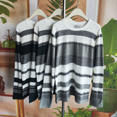 霓虹纯棉毛圈条纹男圆领宽松上衣长袖 T恤衫