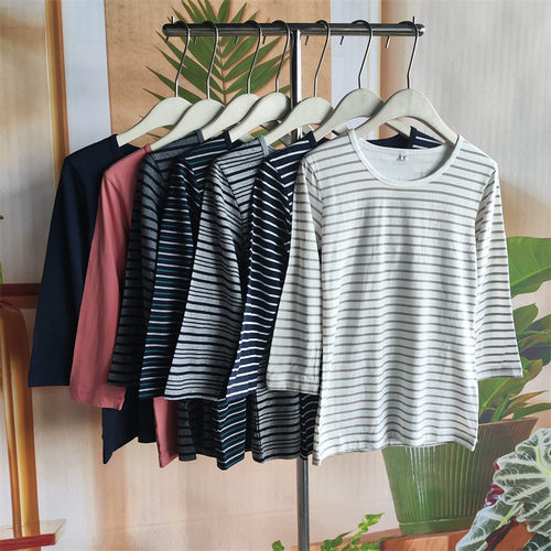 霓虹纯棉复古条纹七分袖T恤女宽松圆领百搭休闲上衣多色11