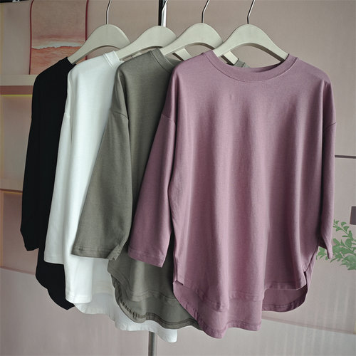 霓虹家春季7分袖圆领T恤宽松显瘦洋气打底衫百搭舒适潮流防缩