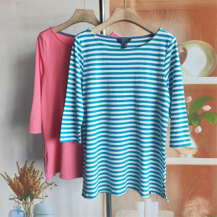 高品美单复古条纹风纯棉七分袖 T恤女宽松显瘦百搭圆领上衣