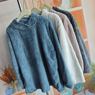 日系 秋冬长毛绒轻柔保暖厚实双面绒半高领长袖家居服上衣卫衣女