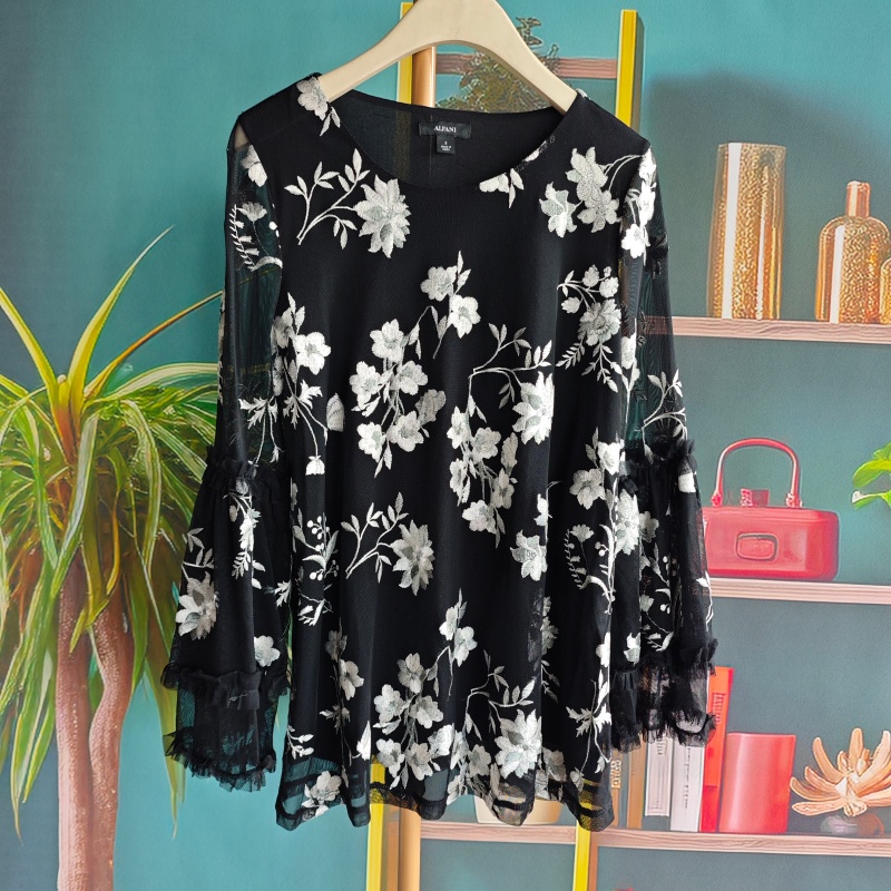 欧美风 秋季刺绣女衬衫衬衣女装长袖印花优雅花纱拼接上衣