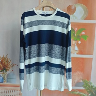 男情侣圆领体恤宽松M T恤大码 春秋100%棉条纹长袖 霓虹家