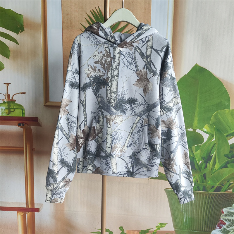 美单高棉薄绒复古树枝迷彩休闲连帽卫衣女宽松拉链开衫上衣潮11