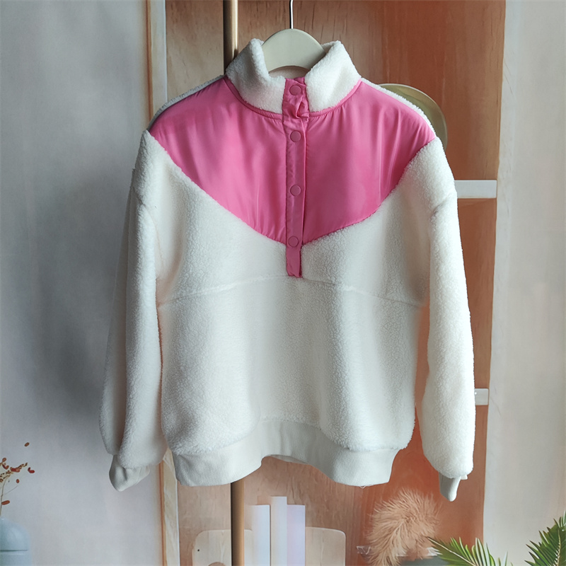 欧洲风秋冬轻量运动拼色按扣上衣厚实保暖立领卫衣宽松女装