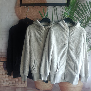 霓虹订单 秋冬厚实保暖连帽款双面珊瑚绒长袖卫衣外套女衫