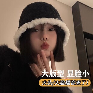 黑色毛绒水桶帽女秋冬季韩版百搭显脸小渔夫帽日系大头围保暖帽子